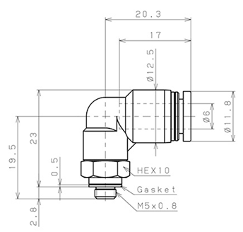 Bản vẽ kỹ thuật Đầu Nối Nhanh Khí Nén Cong 90° Phi 6mm Ren Ngoài M5 Pisco PL6-M5