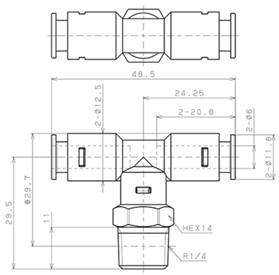 Bản vẽ kỹ thuật Đầu Nối Nhanh Khí Nén Dạng Chữ T Ren Ngoài Pisco APB6-02-E-C