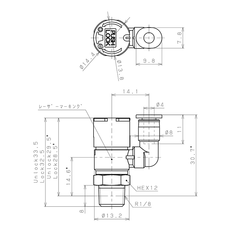 Bản vẽ kỹ thuật Van Tiết Lưu Khí Nén Loại Khóa Đẩy Có Hiển Thị Chỉ Số Pisco JSGS4-01ALW