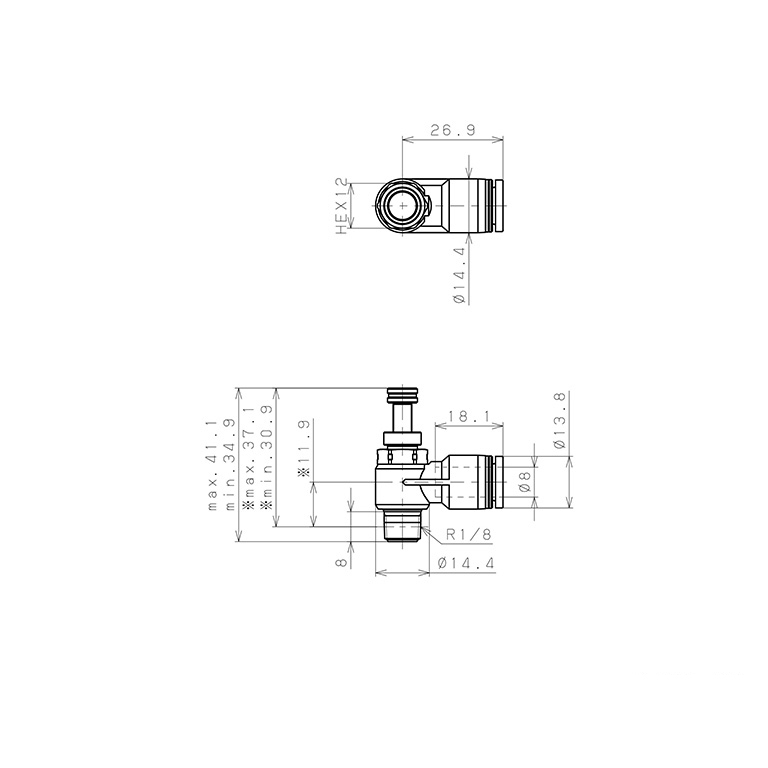 Bản vẽ kỹ thuật Van Tiết Lưu Khí Nén Chân Kim, Nhựa PP Và Inox 304 Pisco PJNC8-01-F-S