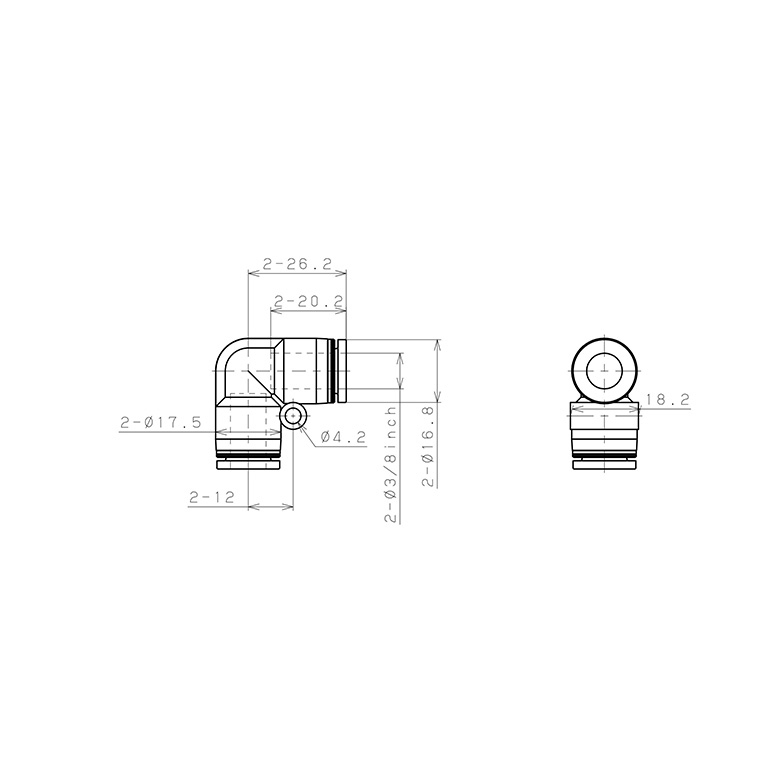 Bản vẽ kỹ thuật Đầu Nối Nhanh Khí Nén Cong 90° Pisco PV3/8-UC