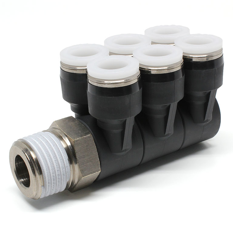 Đầu Nối Nhanh Khí Nén Sáu Nhánh Cong 90° Thân Lục Giác Trụ Ren Ngoài Pisco PAT1/2-N4U