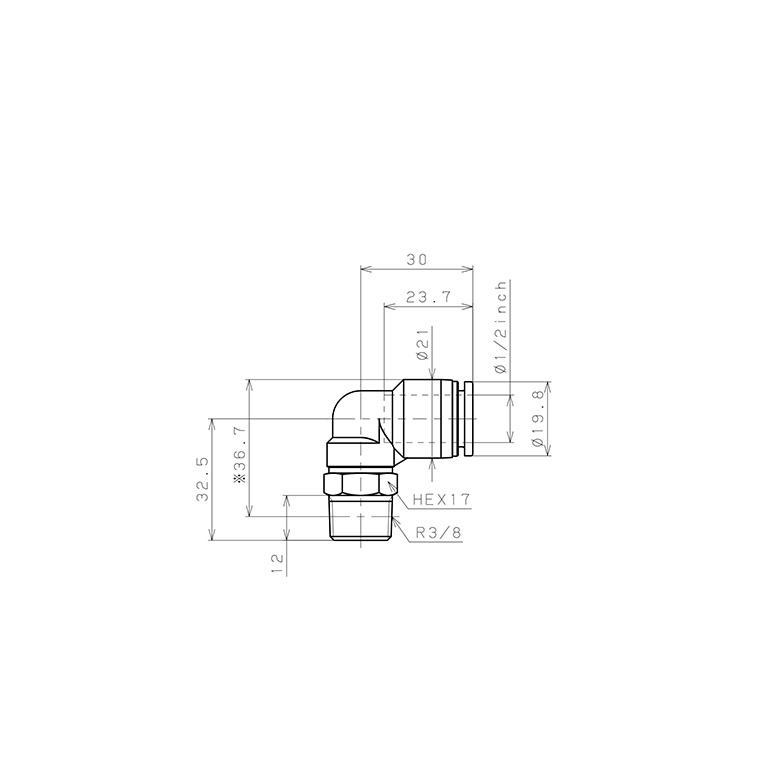 Bản vẽ kỹ thuật Đầu Nối Nhanh Khí Nén Dạng Cong 90° Ren Ngoài Pisco PL1/2-03-UC