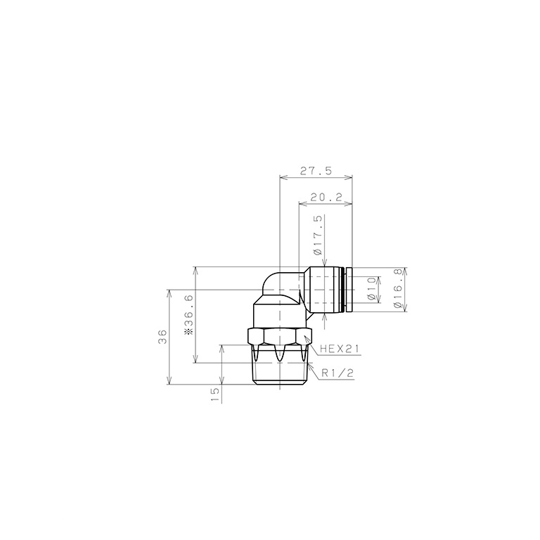 Bản vẽ kỹ thuật Đầu Nối Nhanh Khí Nén Dạng Cong 90° Ren Ngoài Pisco PL10-04W