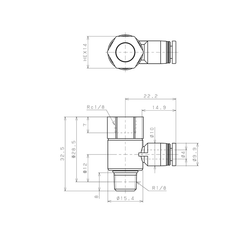 Bản vẽ kỹ thuật Đầu Nối Nhanh Khí Nén Cong 90° Đầu Lục Giác Trụ Ren Đực Cái Pisco PHF4-01W