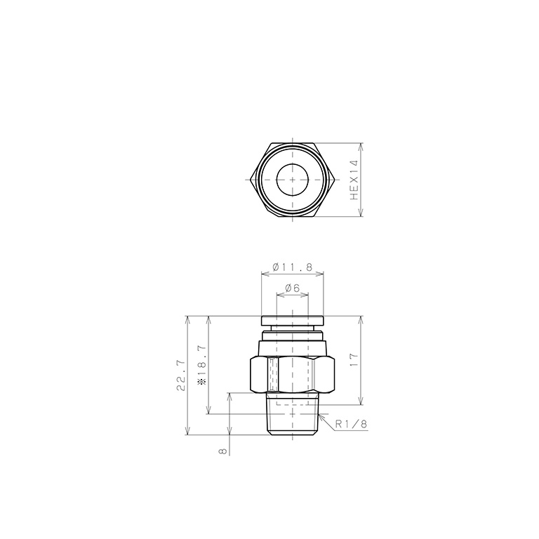 Bản vẽ kỹ thuật Đầu Nối Nhanh Khí Nén Dạng Thẳng Thân Lục Giác Ren Ngoài Pisco SPPC6-01