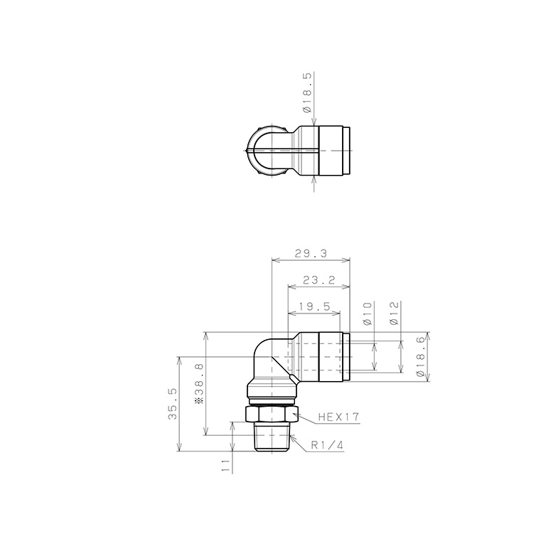 Bản vẽ kỹ thuật Đầu Nối Nhanh Khí Nén Dạng Cong 90° Ren Ngoài Pisco KL10-02-F