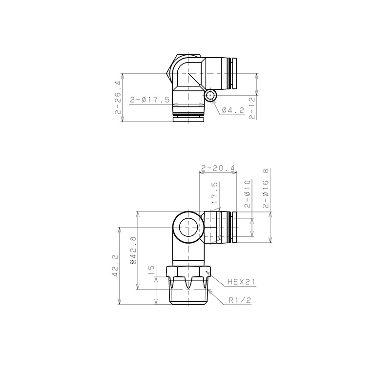 Bản vẽ kỹ thuật Đầu Nối Nhanh Khí Nén Hai Nhánh Chạc Ba Cong 90° Ren Ngoài Pisco PVX10-04SUS