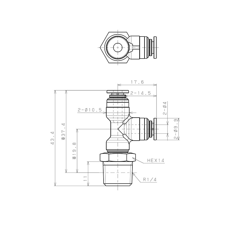 Bản vẽ kỹ thuật Đầu Nối Nhanh Khí Nén Dạng Chữ T Ren Ngoài Pisco KD4-02-1
