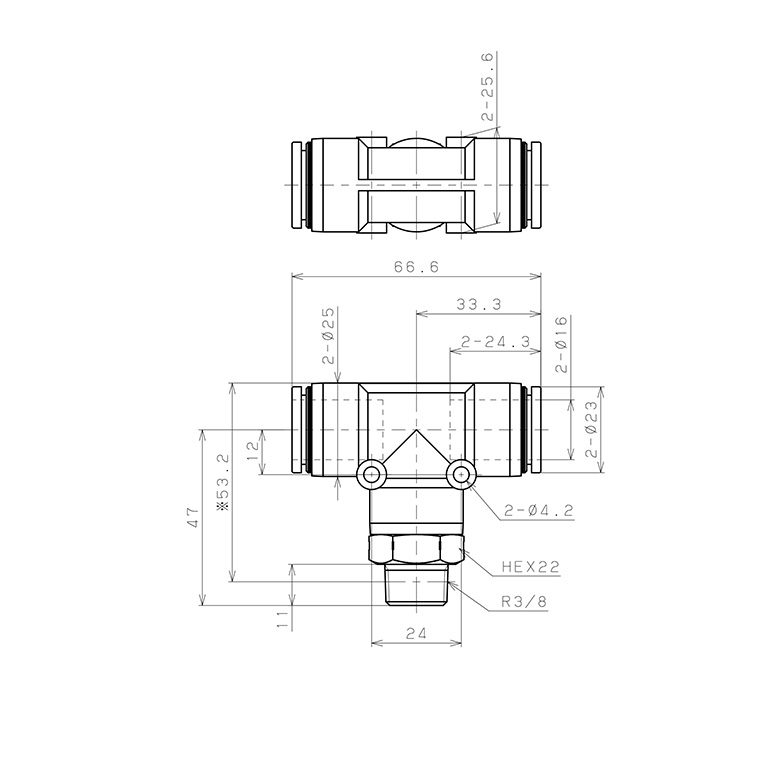 Bản vẽ kỹ thuật Đầu Nối Nhanh Khí Nén Dạng Chữ T Ren Ngoài Pisco PB16-03SUS
