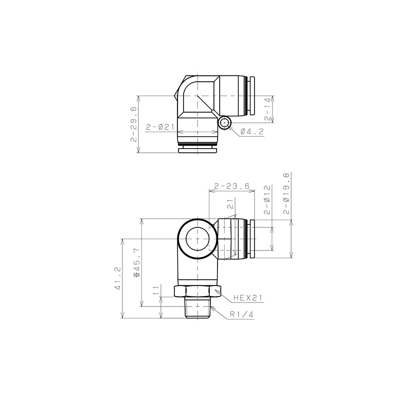 Bản vẽ kỹ thuật Đầu Nối Nhanh Khí Nén Hai Nhánh Chạc Ba Cong 90° Ren Ngoài Pisco PVX12-02SUS