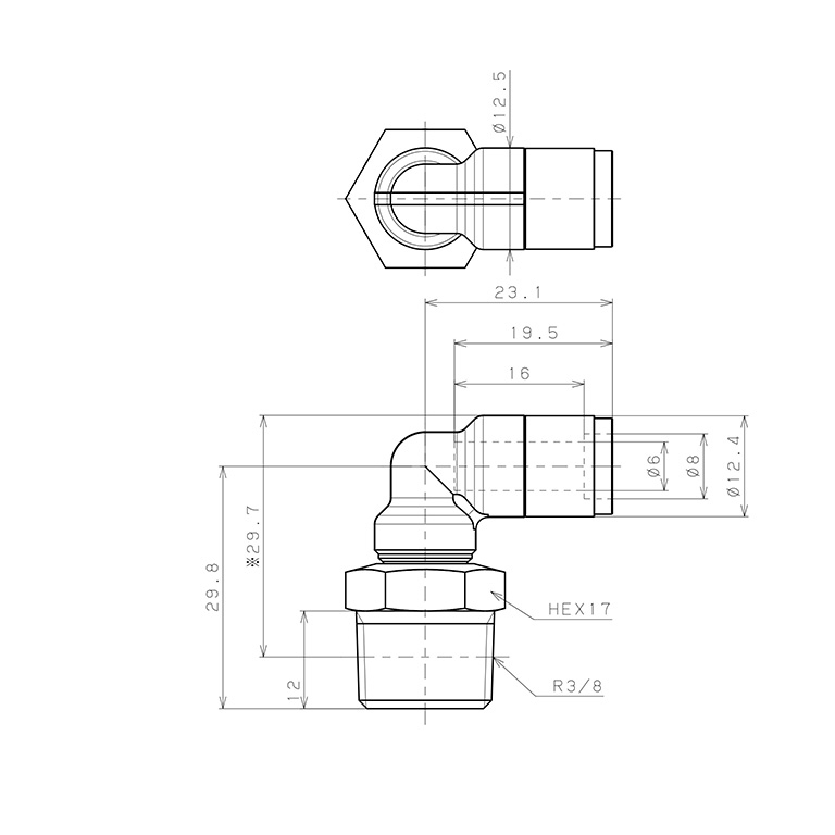 Bản vẽ kỹ thuật Đầu Nối Nhanh Khí Nén Dạng Cong 90° Ren Ngoài Pisco KL6-03