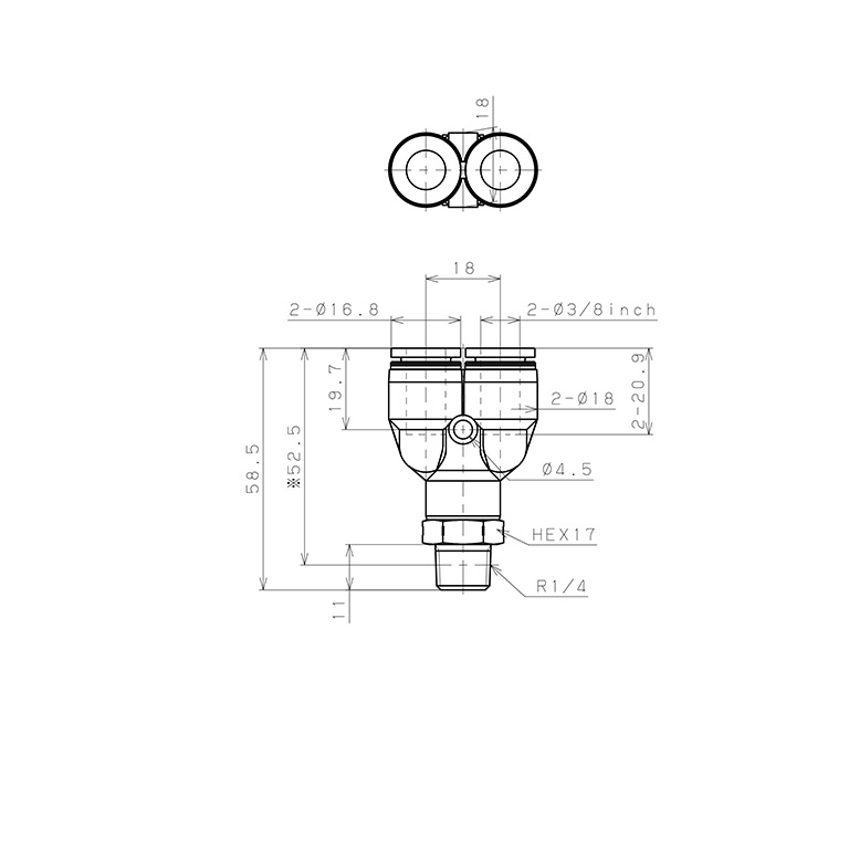 Bản vẽ kỹ thuật Đầu Nối Nhanh Khí Nén Dạng Chữ Y Ren Ngoài Pisco PPX3/8-02SUS-HN