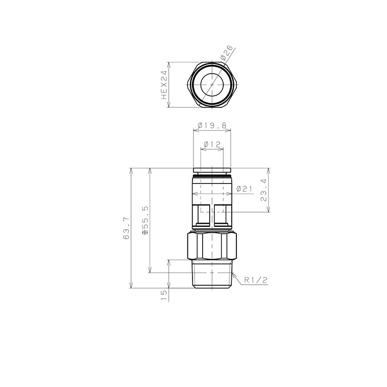 Bản vẽ kỹ thuật Đầu Nối Nhanh Khí Nén Dạng Thẳng Ren Ngoài Có Khớp Xoay Pisco RC12-04