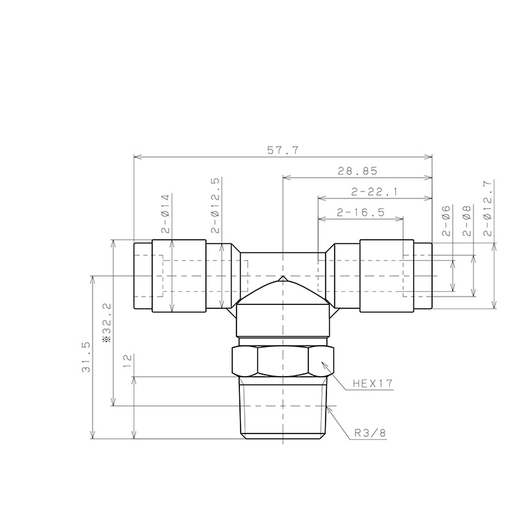 Bản vẽ kỹ thuật Đầu Nối Nhanh Khí Nén Dạng Chữ T Ren Ngoài Pisco PB6-03V-0