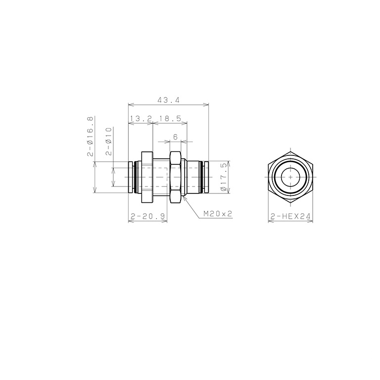 Bản vẽ kỹ thuật Đầu Nối Nhanh Khí Nén Dạng Thẳng Ren Ngoài Lắp Kẹp Vách Pisco PPMP10-HN