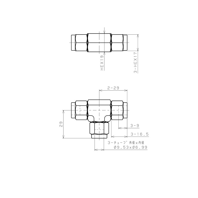 Bản vẽ kỹ thuật Đầu Ngạnh Nối Ống Có Đai Ốc Xiết Dạng Chữ T Pisco NSE3/8