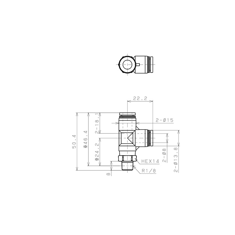 Bản vẽ kỹ thuật Đầu Nối Nhanh Khí Nén Dạng Chữ T Ren Ngoài Pisco PD8-01SUS