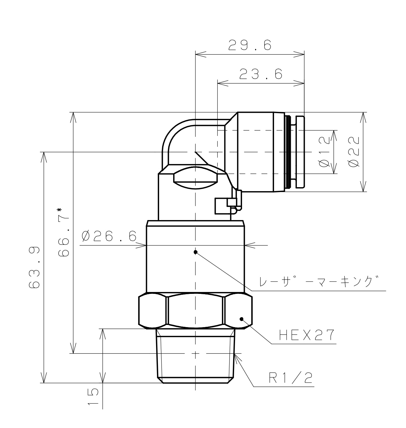 Bản vẽ kỹ thuật Đầu Nối Nhanh Khí Nén Dạng Cong 90° Ren Ngoài Có Khớp Xoay Pisco RAL12-04SUS