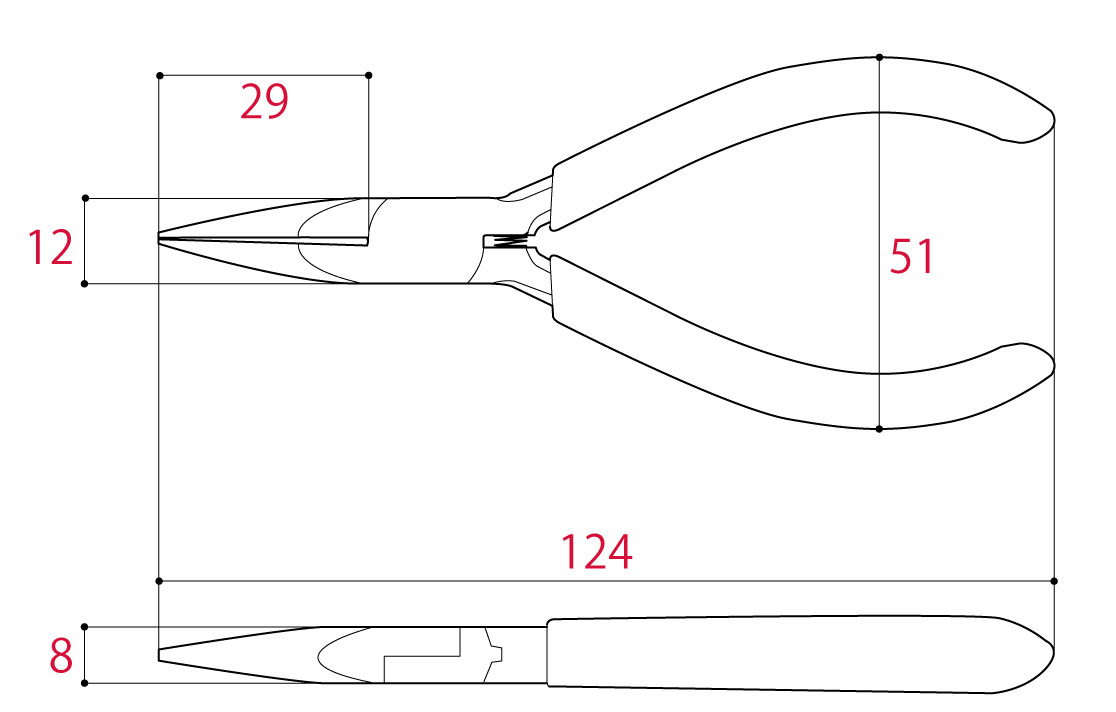 Bản vẽ kỹ thuật Kìm Mỏ Nhọn Không Lưỡi Cắt, Hàm Phẳng 132mm Tsunoda MR-120F