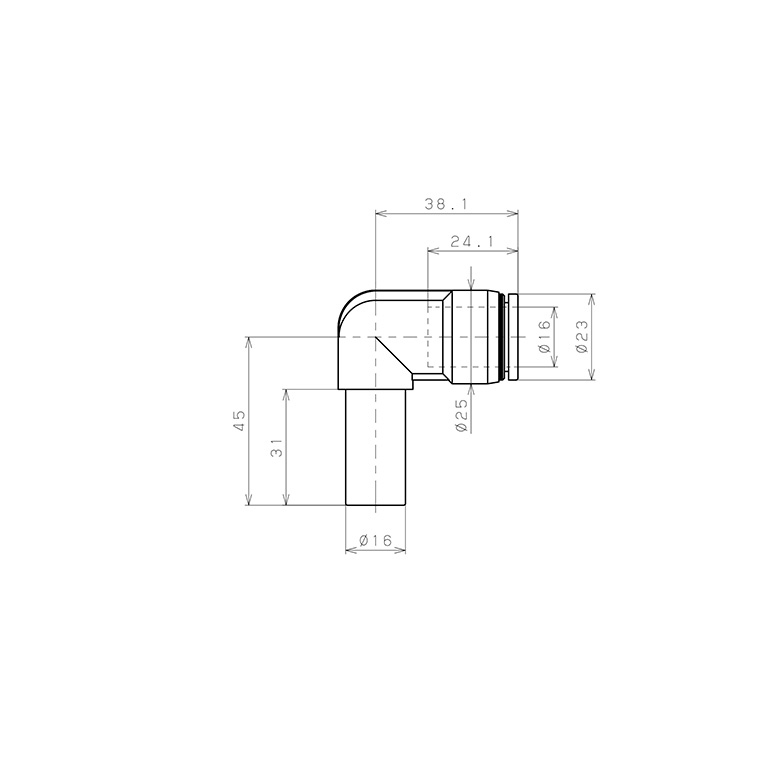 Bản vẽ kỹ thuật Đầu Nối Nhanh Khí Nén Giữa Ống Khí Và Fitting Dạng Cong 90° Pisco PLJ16-C