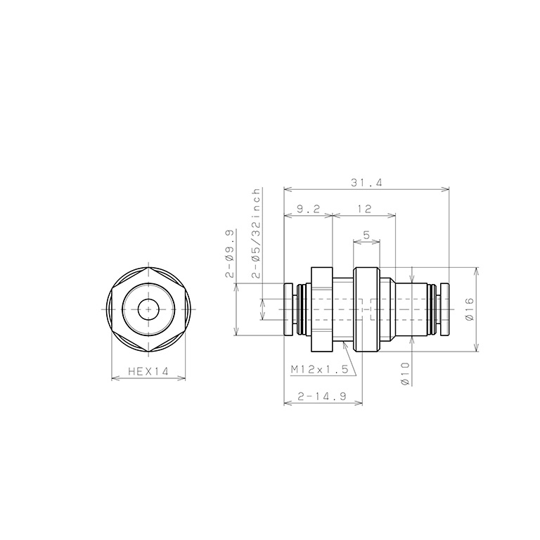 Bản vẽ kỹ thuật Đầu Nối Nhanh Khí Nén Dạng Thẳng Ren Ngoài Lắp Kẹp Vách Pisco PMP5/32
