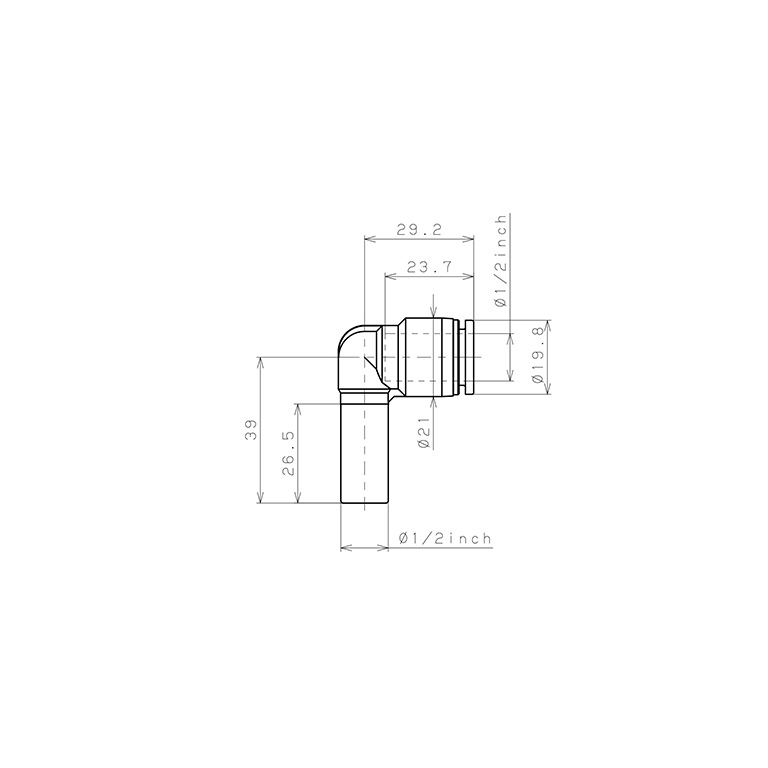 Bản vẽ kỹ thuật Đầu Nối Nhanh Khí Nén Giữa Ống Khí Và Fitting Dạng Cong 90° Pisco PLJ1/2-C