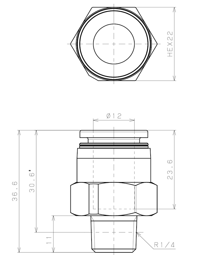 Bản vẽ kỹ thuật Đầu Nối Nhanh Khí Nén Dạng Thẳng Thân Lục Giác Ren Ngoài Pisco PPC12-02
