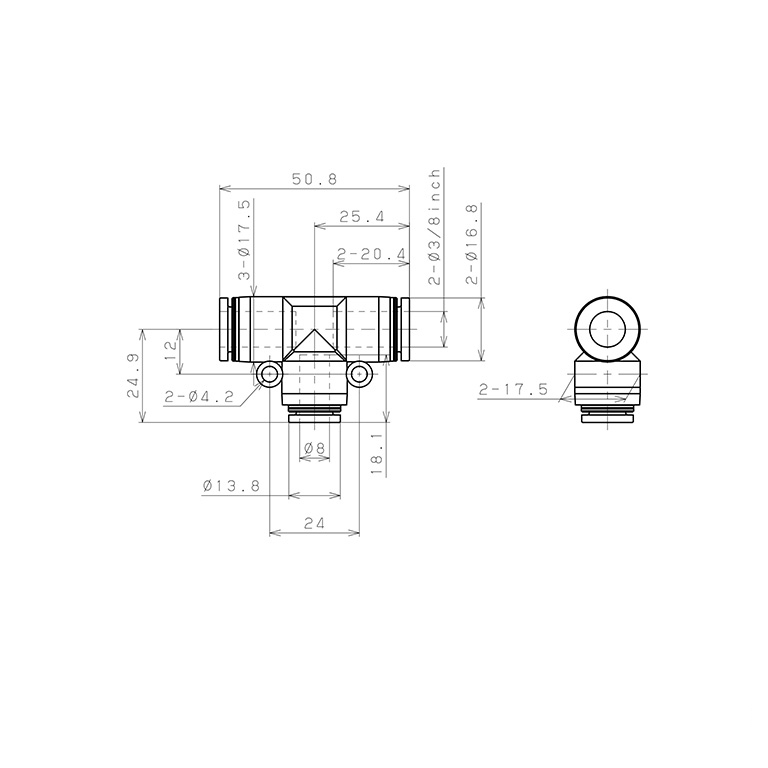 Bản vẽ kỹ thuật Đầu Nối Nhanh Khí Nén Chữ T Dạng Nối Giảm Pisco PPEG3/8-8-C