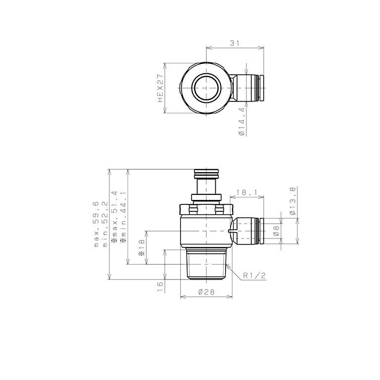 Bản vẽ kỹ thuật Van Tiết Lưu Khí Nén Chân Kim, Nhựa PP Và Inox 304 Pisco PJNC8-04-F-C