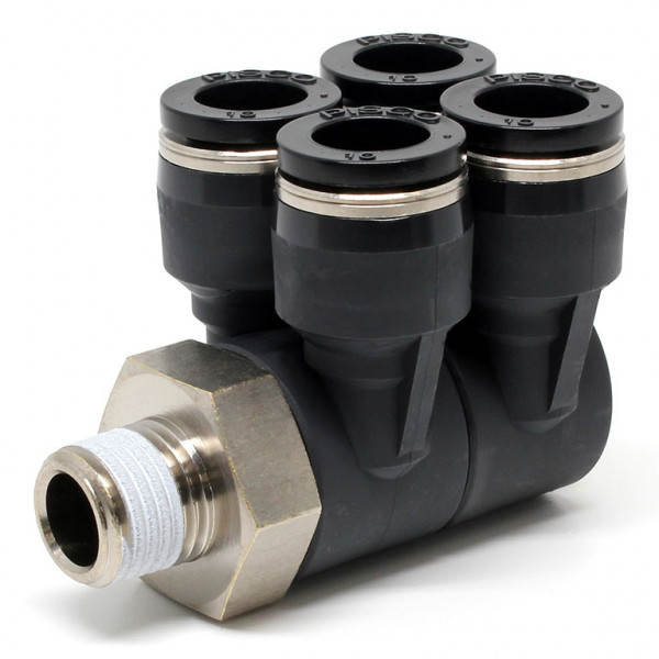 Đầu Nối Nhanh Khí Nén Bốn Nhánh Cong 90° Thân Lục Giác Trụ Ren Ngoài Pisco PAW10-02-C