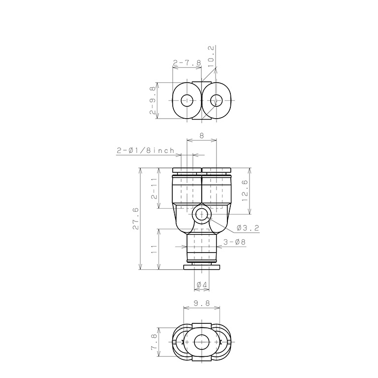 Bản vẽ kỹ thuật Đầu Nối Nhanh Khí Nén Chữ Y Dạng Nối Giảm Pisco PW4-1/8M