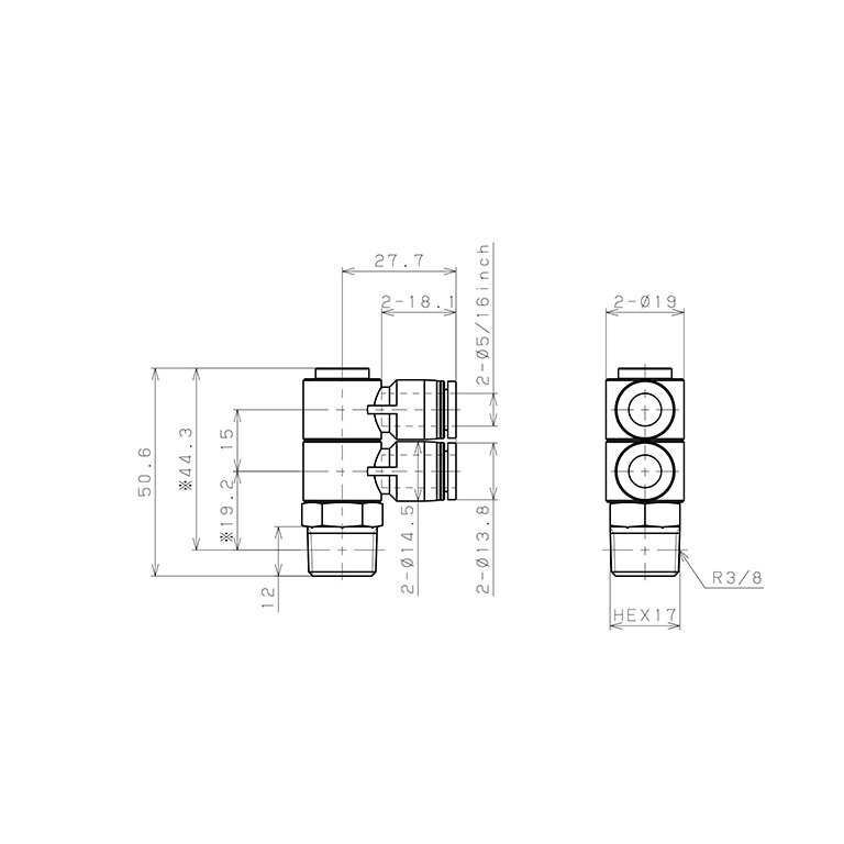 Bản vẽ kỹ thuật Đầu Nối Nhanh Khí Nén Hai Nhánh Cong 90° Thân Lục Giác Trụ Ren Ngoài Pisco PHW5/16-03