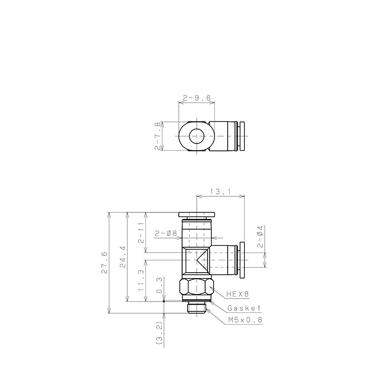 Bản vẽ kỹ thuật Đầu Nối Nhanh Khí Nén Dạng Chữ T Ren Ngoài Pisco PD4-M5M-C