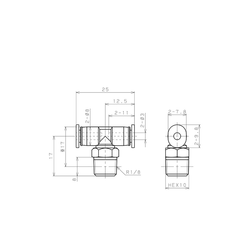 Bản vẽ kỹ thuật Đầu Nối Nhanh Khí Nén Dạng Chữ T Ren Ngoài Pisco PB3-01M