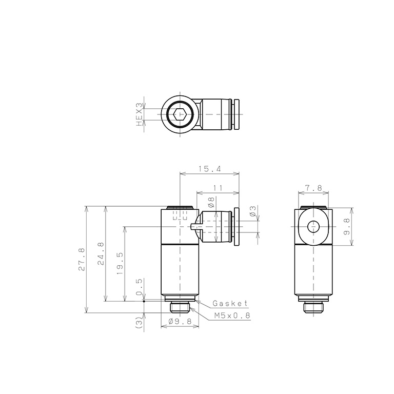 Bản vẽ kỹ thuật Đầu Nối Nhanh Khí Nén Dạng Cong 90° (Dài) Đầu Lục Giác Chìm Ren Ngoài Pisco POLL3-M5M