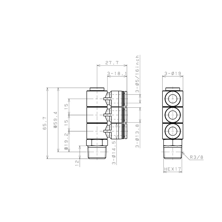 Bản vẽ kỹ thuật Đầu Nối Nhanh Khí Nén Ba Nhánh Cong 90° Thân Lục Giác Trụ Ren Ngoài Pisco PHT5/16-03