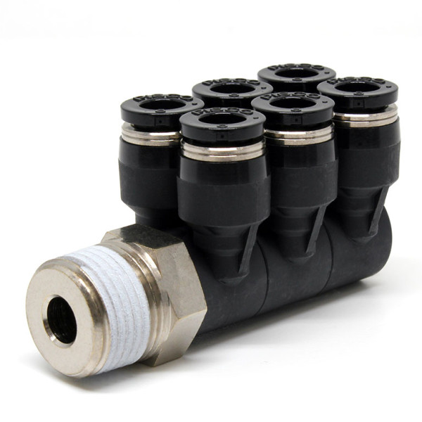 Đầu Nối Nhanh Khí Nén Sáu Nhánh Cong 90° Thân Lục Giác Trụ Ren Ngoài Pisco PAT6-03W