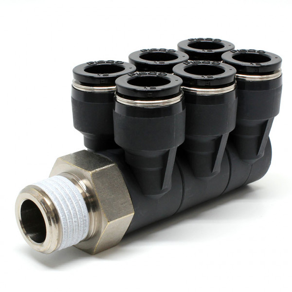 Đầu Nối Nhanh Khí Nén Sáu Nhánh Cong 90° Thân Lục Giác Trụ Ren Ngoài Pisco PAT12-04-UC