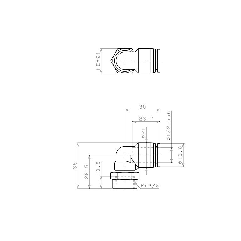 Bản vẽ kỹ thuật Đầu Nối Nhanh Khí Nén Dạng Cong 90° Ren Trong Pisco PLF1/2-03
