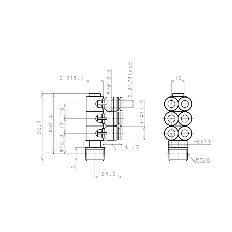 Bản vẽ kỹ thuật Đầu Nối Nhanh Khí Nén Sáu Nhánh Cong 90° Thân Lục Giác Trụ Ren Ngoài Pisco PAT1/4-03