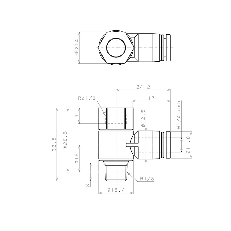 Bản vẽ kỹ thuật Đầu Nối Nhanh Khí Nén Cong 90° Đầu Lục Giác Trụ Ren Đực Cái Pisco PHF1/4-01