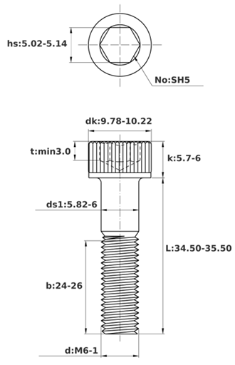 Bản vẽ kỹ thuật Lục Giác Chìm Đầu Trụ Inox 304 DIN912 M6x35 Ren Lửng