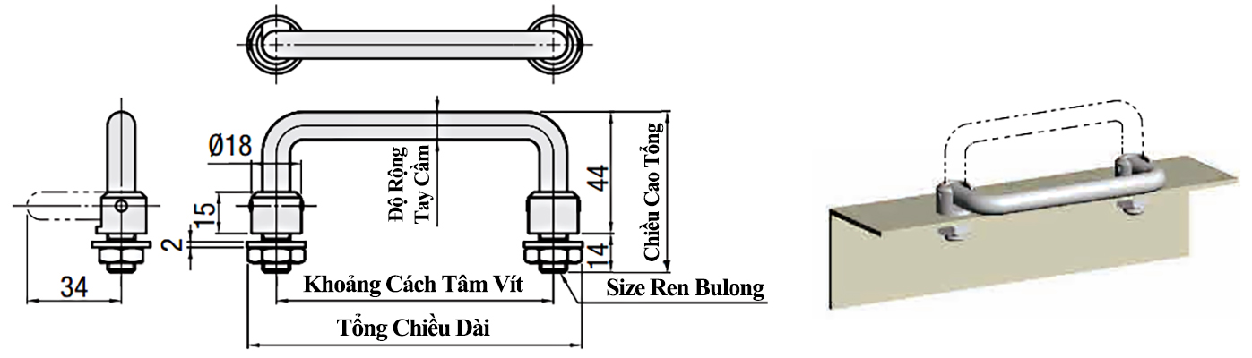 Bản vẽ kỹ thuật Tay Nắm Cửa Chữ U Dạng Gập Thép Mạ Chrome Phi 10 mm x L 180 mm (UWAFN180)