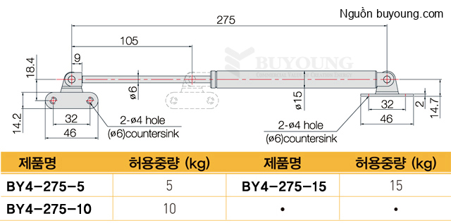 Bản vẽ kỹ thuật Ty hơi thép Buyoung 275-5KG BY4-275-5KG