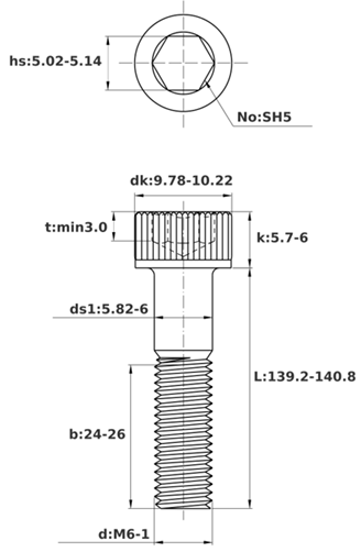 Bản vẽ kỹ thuật Lục Giác Chìm Đầu Trụ Inox 316 DIN912 M6x140 Ren Lửng