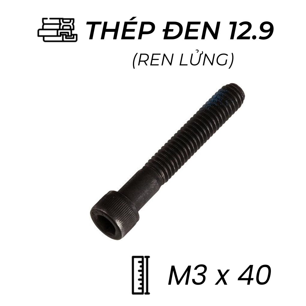 Lục Giác Chìm Đầu Trụ Thép Đen 12.9 DIN912 M3x40 Ren Lửng