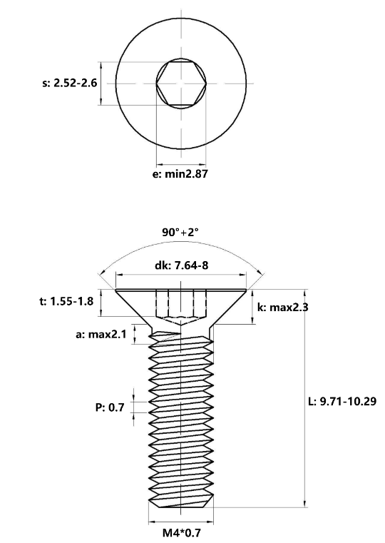 Bản vẽ kỹ thuật Lục Giác Chìm Col Thép Đen 10.9 DIN7991 M4x10 (50Cái/Bịch)