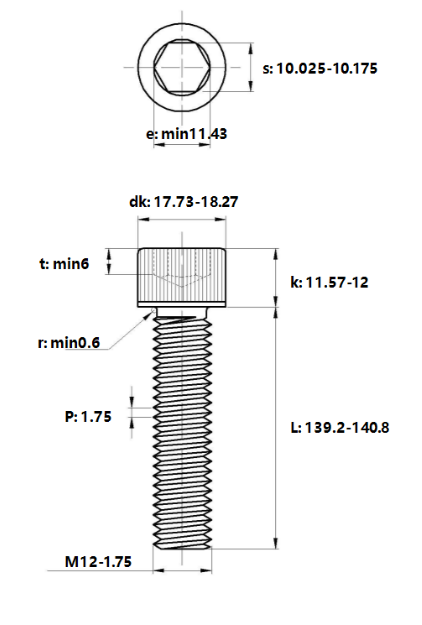 Bản vẽ kỹ thuật Lục Giác Chìm Đầu Trụ Inox 304 DIN912 M12x140