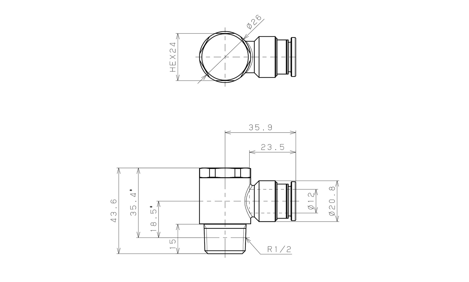 Bản vẽ kỹ thuật Đầu Nối Nhanh Khí Nén Cong 90° Đầu Lục Giác Trụ Ren Ngoài Pisco KH12-04-1-F